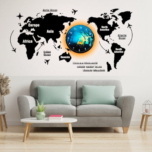3D Wooden World Map With Esthetic Dial Wall Clock | B\\est Quality Wall Clock For Home Decor | Home Decor Clock 40 inch - With Light