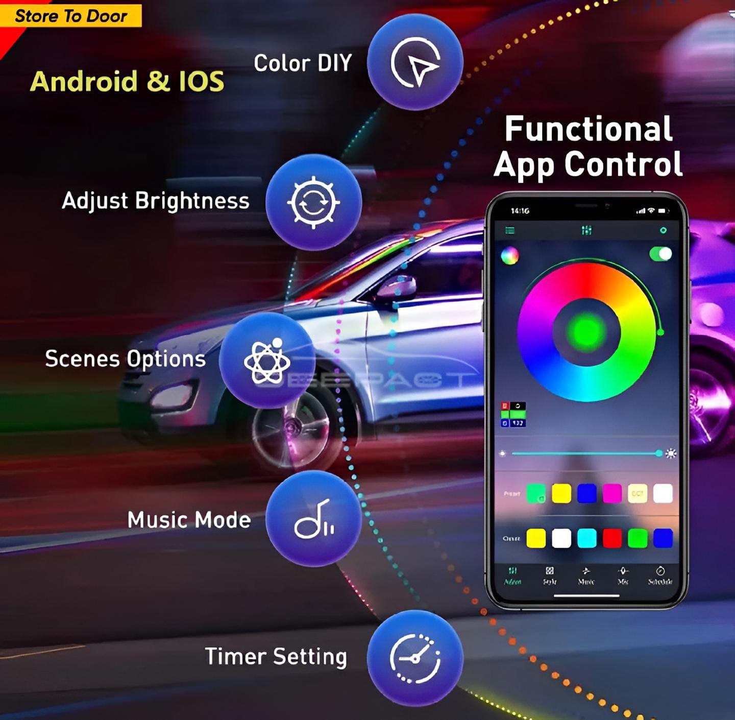 1set Car Rgb 48led Strip 5050smd 12w Decorative Auto Atmosphere Pathway Interior Ambient( Bluetooth Light)