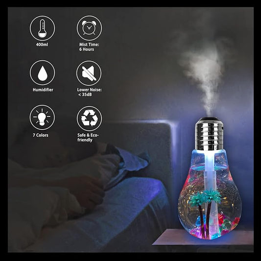 USB Air Humidifier | Bulb Humidifier Lamp Shape | Decorative Lights Diffuser, Purifier Atomizer With Colorful LED Night Light for Office Desk, Bedroom, Living Room, Home Decor