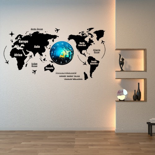 3D Wooden World Map With Esthetic Dial Wall Clock  | B\\est Quality Wall Clock For Home Decor | Home Decor Clock 40 inch - With Light