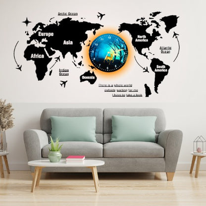 3D Wooden World Map With Esthetic Dial Wall Clock  | B\\est Quality Wall Clock For Home Decor | Home Decor Clock 40 inch - With Light