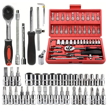 46-Piece Professional Socket Wrench Tool Set with Ratchet Handle, Sockets, Screwdriver Bits for Car, Motorcycle, Bicycle, Home Repair, Mechanical Work, Garage and DIY Maintenance Tasks, Portable Heavy-Duty Tool Kit