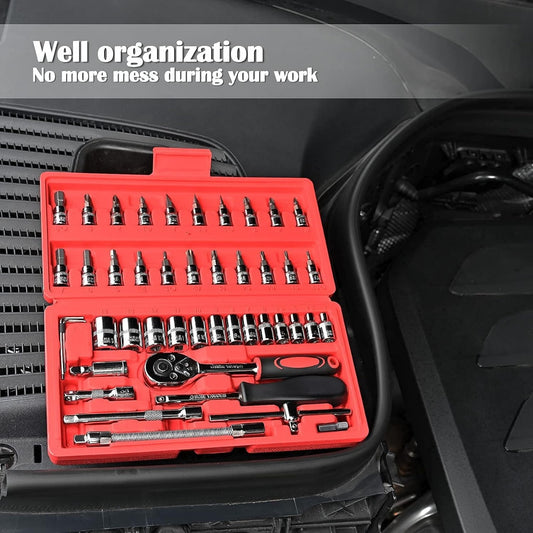 46-Piece Professional Socket Wrench Tool Set with Ratchet Handle, Sockets, Screwdriver Bits for Car, Motorcycle, Bicycle, Home Repair, Mechanical Work, Garage and DIY Maintenance Tasks, Portable Heavy-Duty Tool Kit