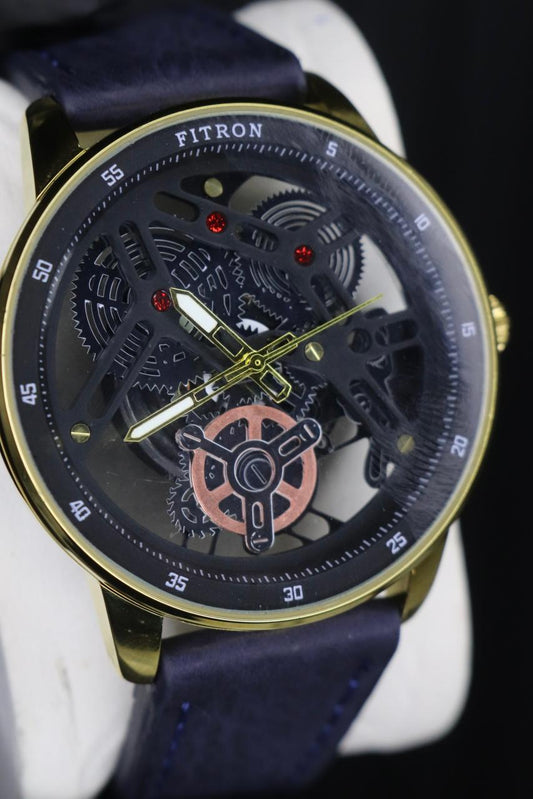 Fitron Classic Chrono: Sophisticated Minimalist Stainless Steel Watch with Genuine Leather Strap and Reliable Quartz Movement ( WITHOUT BOX ) ( BLACK) BLUE  golden Brown